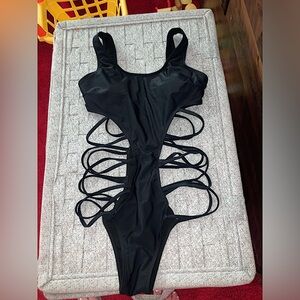 Black Cutout Strappy Bikini-One Piece